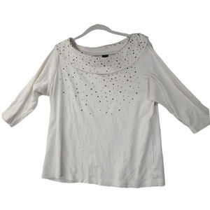 Rafaella Studio Women's Size 2X Ivory 3/4 Sleeve Cotton Top Metallic Studs